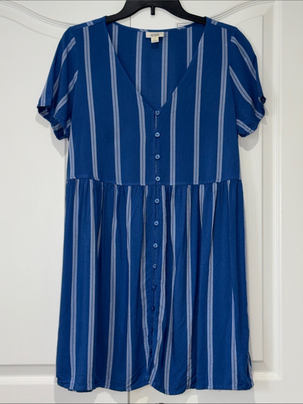 a.n.a Blue White Vertical Striped Button Front Babydoll Tunic Dress Sz L